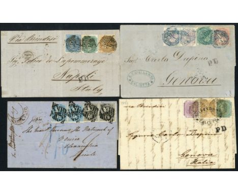 (x) Covers and CancellationsMail to EuropeItaly: 1859 entire from Hyderabad to Venice, bearing ½a. and 4a. black pairs all ca