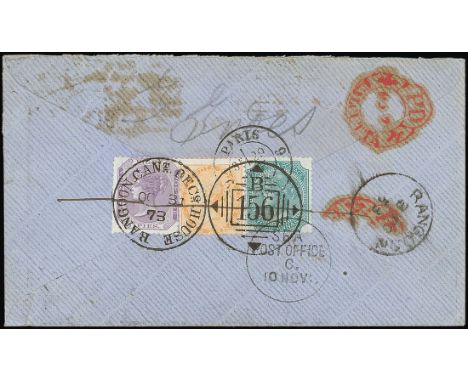 (x) Used AbroadBurmaRangoon Cantonment1873 (Oct.) envelope "via Brindisi" to Paris bearing, on reverse, 8p., 2a. and 4a. canc