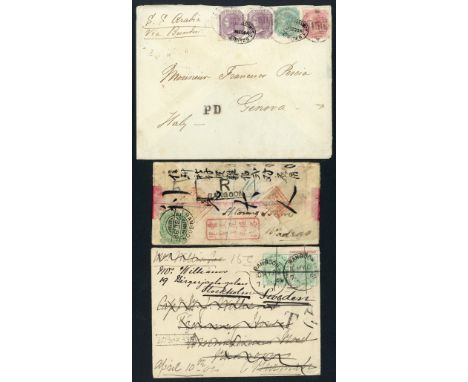(x) Used AbroadBurmaRangoon1871 envelope per "S.S. Arabia Via Brindisi" to Genoa, bearing 8p. pair, 4a. and 8a. with two send