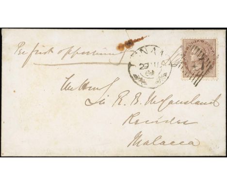 (x) Used AbroadMalayaPenang1864 (29 Aug) envelope (small fault at top) "Per first opportunity" to Malacca, bearing 1a. cancel