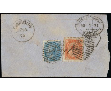 (x) Used AbroadPortuguese IndiaPangim1873 (Sept.) large part envelope to Bombay, bearing India ½a. and 20r. vermilion sharing