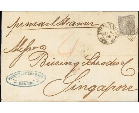(x) Used AbroadMalayaPenang1864 (10 Dec.) entire (flap faults) "pr mail Steamer" to Singapore, bearing 4a. grey-black cancell
