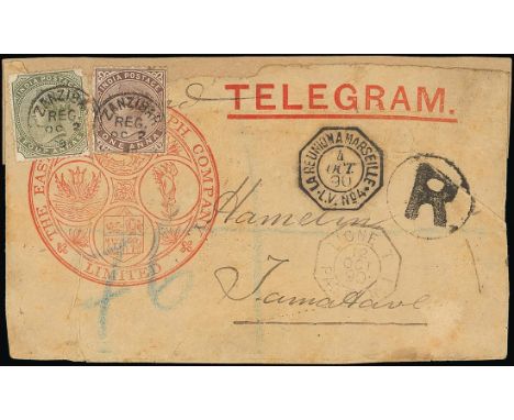 (x) Used AbroadZanzibar1890 (2 Oct.) East African Telegraph Company illustrated Telegram envelope, on unknown origin, registe