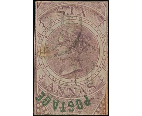 (x) 1866 (28 June) Foreign Bill 6a. Annas Purple Overprinted "POSTAGE"Tall OverprintVariety overprint inverted, light indisti