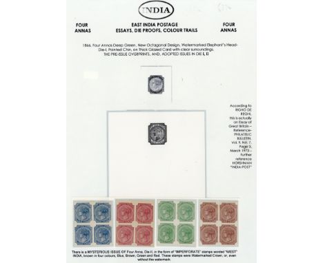 (x) 1866-78 Issue4a. "west india postage" essay in blue, red, green and brown, each in a block of four on wove paper with the
