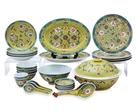 AN ASSEMBLED YELLOW GROUND CHINESE PORCELAIN DINNER SERVICE Mid-late 20th Century, various iron red printed marks, including 
