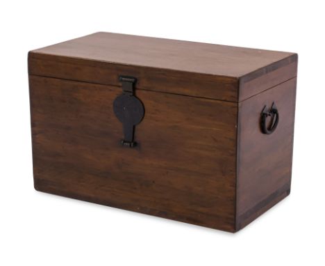A CHINESE THEATRE TRUNK
Teak, rectangular with lift-out tray, internal drawer to right hand side, five picket lined compartme