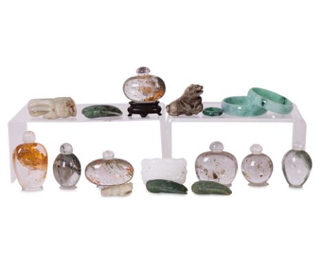 A GROUP OF ASSORTED HARDSTONE CARVINGS
Two small Burmese jade bangles and a ring, seven Chinese snuff bottle shaped quartz ca