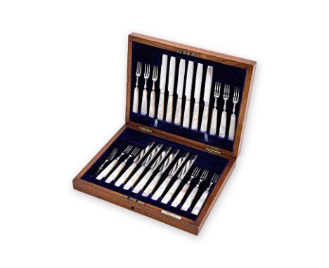A SET OF VICTORIAN MOTHER OF PEARL FRUIT KNIVES AND FORKS
Elkington & Co, Birmingham, date code for 1881, twelve pairs, with 
