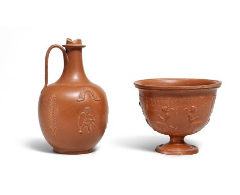  An Arretine Ware bowl and a Roman Red-Slip Ware jug Circa 1st-3rd Century A.D.The footed bowl exterior decorated in moulded 