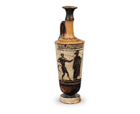  An Attic black-figure white-ground lekythos of 'chimney' type Attributed to the Beldam Painter, circa 500-460 B.C.Decorated 