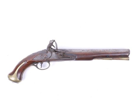 An English Tower flintlock pistol and bone shot flask. The pistol circa 1740, 9.5" barrels, .650 calibre, black powder proof 