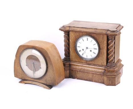 Four 20th century mantel clocks. Comprising a oak cased Napoleon hat clock having a chrome dial with Arabic numerals, H23cm x