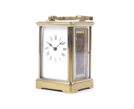 A R & Co Paris French brass five glass carriage clock. White enamel dial with Roman numerals, key present. H11cm