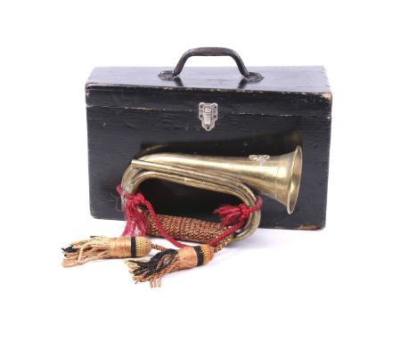 Indian Army Kumaon Regiment brass bugle and wooden case. L37cm x D15cm x H23cm