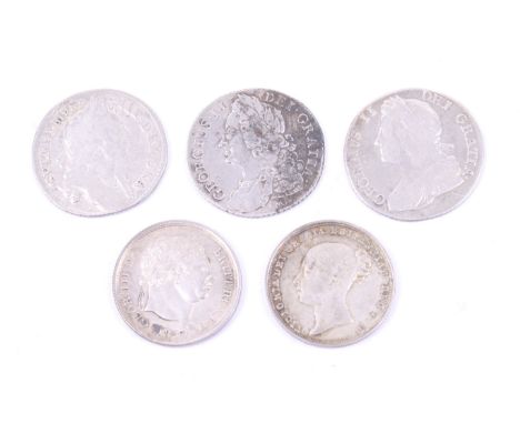 A group of five shilling coins. Consisting of dates 1696 obverse graffiti; 1735 both cleaned; 1745 'Lima' weak date and stain