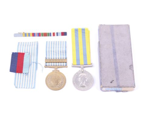 A pair of Korean war medals. The first a United Nations service medal, the second Korea Medal, marked 'K. JONES', both with r