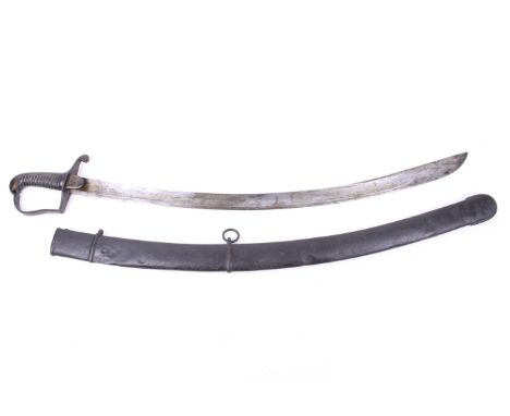A British army 1796 light cavalry sabre. Steel blade with no markings, metal scabbard (no markings), leather handle with wire