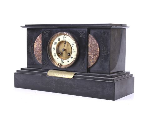A Victorian slate mantel clock. Having a AD Mougin movement, the gilt metal and enamel dial having Arabic numerals, the case 