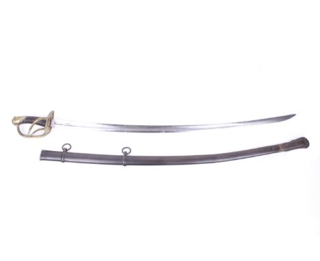 A US 1860 Pattern light Cavalry sabre. With curved fullered single edged blade, and brass hand guard in scabbard. L105cm.