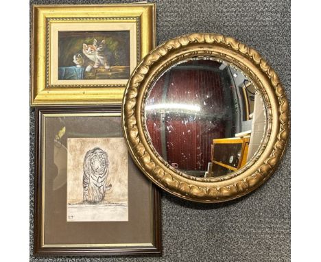 A small gilt framed oil on board of kittens, together with an ink sketch of a tiger and a mirror, mirror H. 41cm.