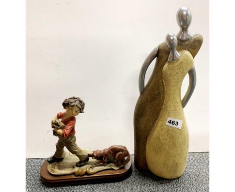 An aluminium and ceramic figure, H. 41cm. Together with a resin figure.