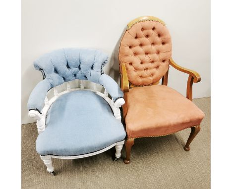 A white finished and button backed tub chair together with a button backed salon elbow chair, tallest H. 88cm.