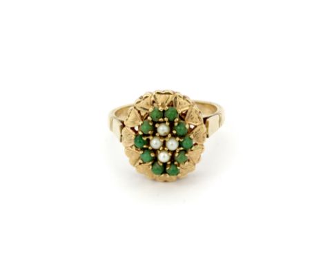 A 9ct yellow gold (tested) jade and seed pearl cluster ring, (U).