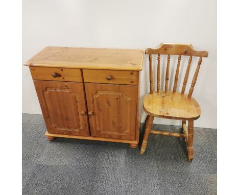 A two drawer pine compact sideboard together with a vintage pine hall chair, 89 x 79 x 39cm.