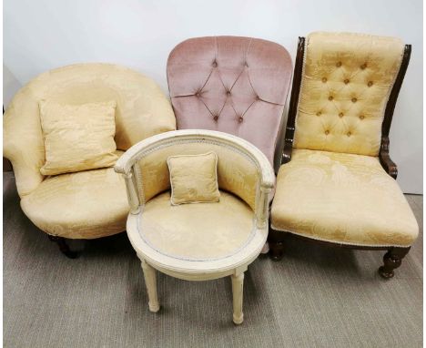 A button backed nursing chair, a tub chair and a painted demi-lune chair with matching upholstery together with a further but