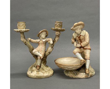 Two Royal Worcester porcelain figurines, H. 22cm. Both A/F. Boy with basket signed Hadley.