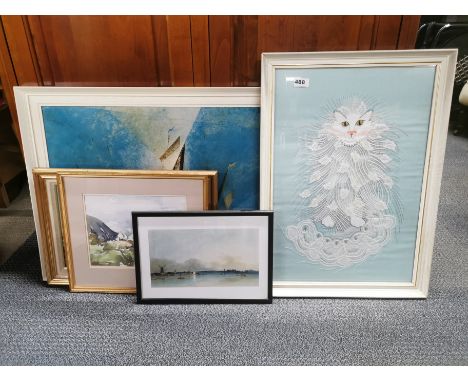 A 1970's framed laced fabric picture of a cat ( 46 x 64cm.), together with a 1970's print and other pictures.