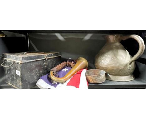 A military first aid box together with a bugle, Stars and Stripes flag and a large Victorian copper jug.