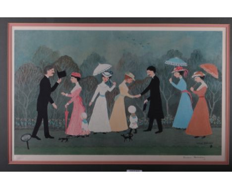 Helen Bradley MBE: a signed colour print, "We met in the park", with blind stamp, 12 3/4" x 20 3/4", in gilt metal frame, and