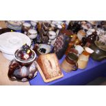 A bargeware teapot with floral decoration (damages), six studio pottery goblets, and a large