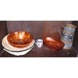 A Doulton Silicon Ware stoneware jug with applied decoration, 8" high, and various carnival glass