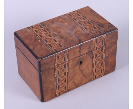 A Victorian walnut and Tonbridge banded tea caddy, 8" wide