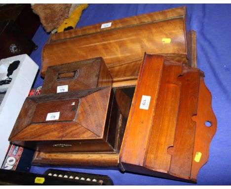 A wooden framed easel mirror, a mahogany letter rack, a hinged box and two tea caddies