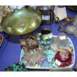 A Loetz style iridescent glass table centre, on stork support, 13" high, a cranberry glass powder