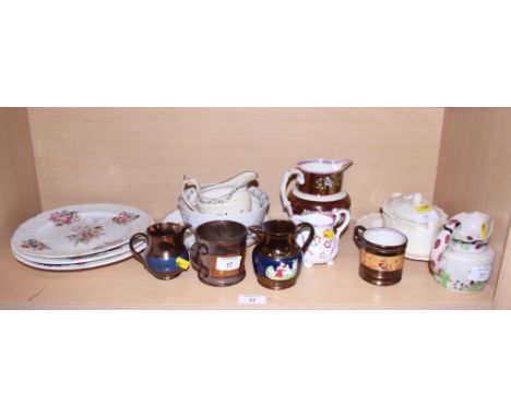 A New Hall porcelain bowl, a similar jug, three 19th century English porcelain plates with floral decoration, an 18th century