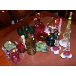 A green glass and silver plate mounted claret jug, together with four green wine glasses and a