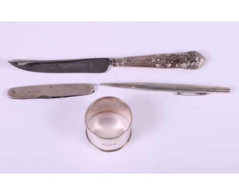 A silver napkin ring, a silver handled cheese knife, a silver pocket knife and silver "Life Long" propelling pencil