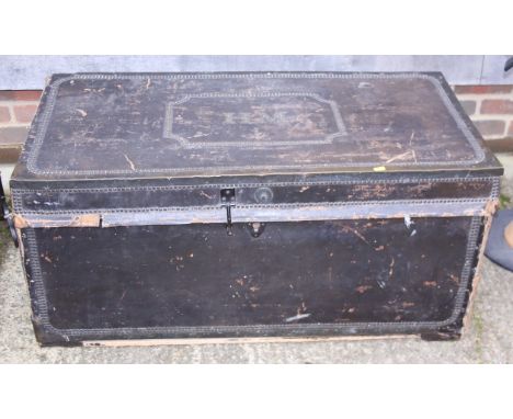 A late 19th century camphorwood and black leather trunk, 42" wide