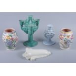 A Poole Sylvan Ware green glazed four-light candelabrum, designed by Truda Carter, 10 1/2" high (