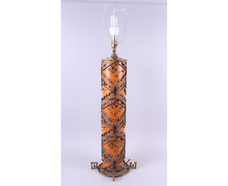 A printing roller, now converted to a table lamp, with "bamboo" brass mounts, 26" high