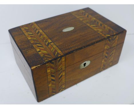 Victorian walnut and inlaid mother of pearl sewing box, 19th Century, H.9 x D.21 x W.13 cm 