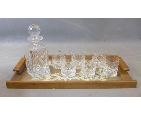 Whiskey decanter set with six crystal scotch rocks glasses with a wooden tray 
