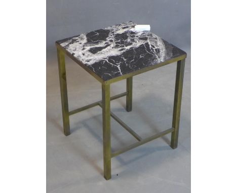 A brass and marble lamp table with label for Maples Depository, on square legs, H.49 W.39 D.38.5cm 