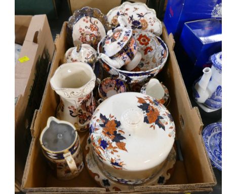Imari pattern china, lidded dome, fruit bowl, jugs, etc 