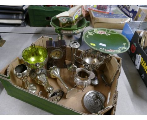 Box of Art Nouveau style ceramics and plated ware, mantel clock, etc